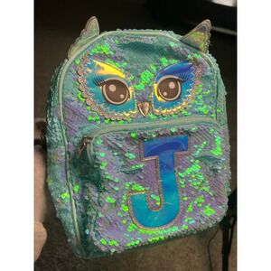 Justice Girls Mini Backpack Owl Flip Sequin Aqua Blue Holographic Initial J Bag